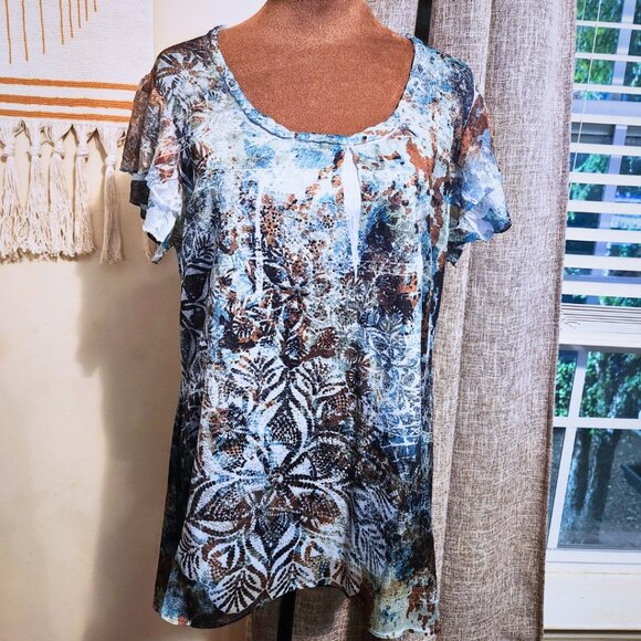 Dressbarn Blue Abstract Rhinestone Mixed-Media Tee | Boho and Y2K | Size M - Picture 1 of 11